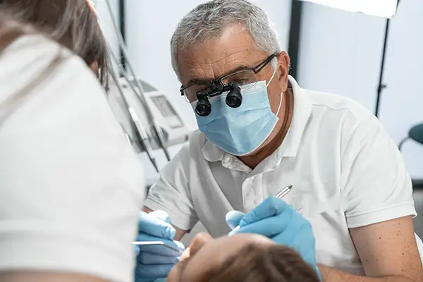 Two dental professional working together to thoroughly clean their patient's teeth during a standard visit.